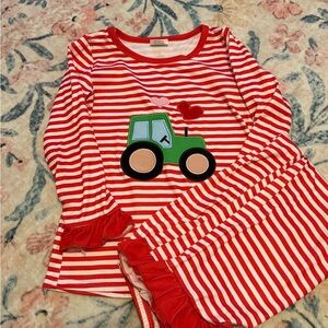 Red Striped Kids Pajamas with Tractor Design
